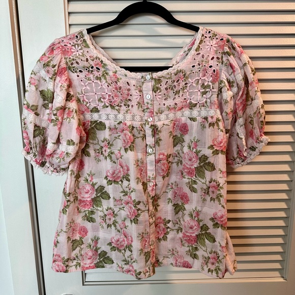 LoveShackFancy Concord Pink Floral Puff Sleeve Top - Picture 12 of 16